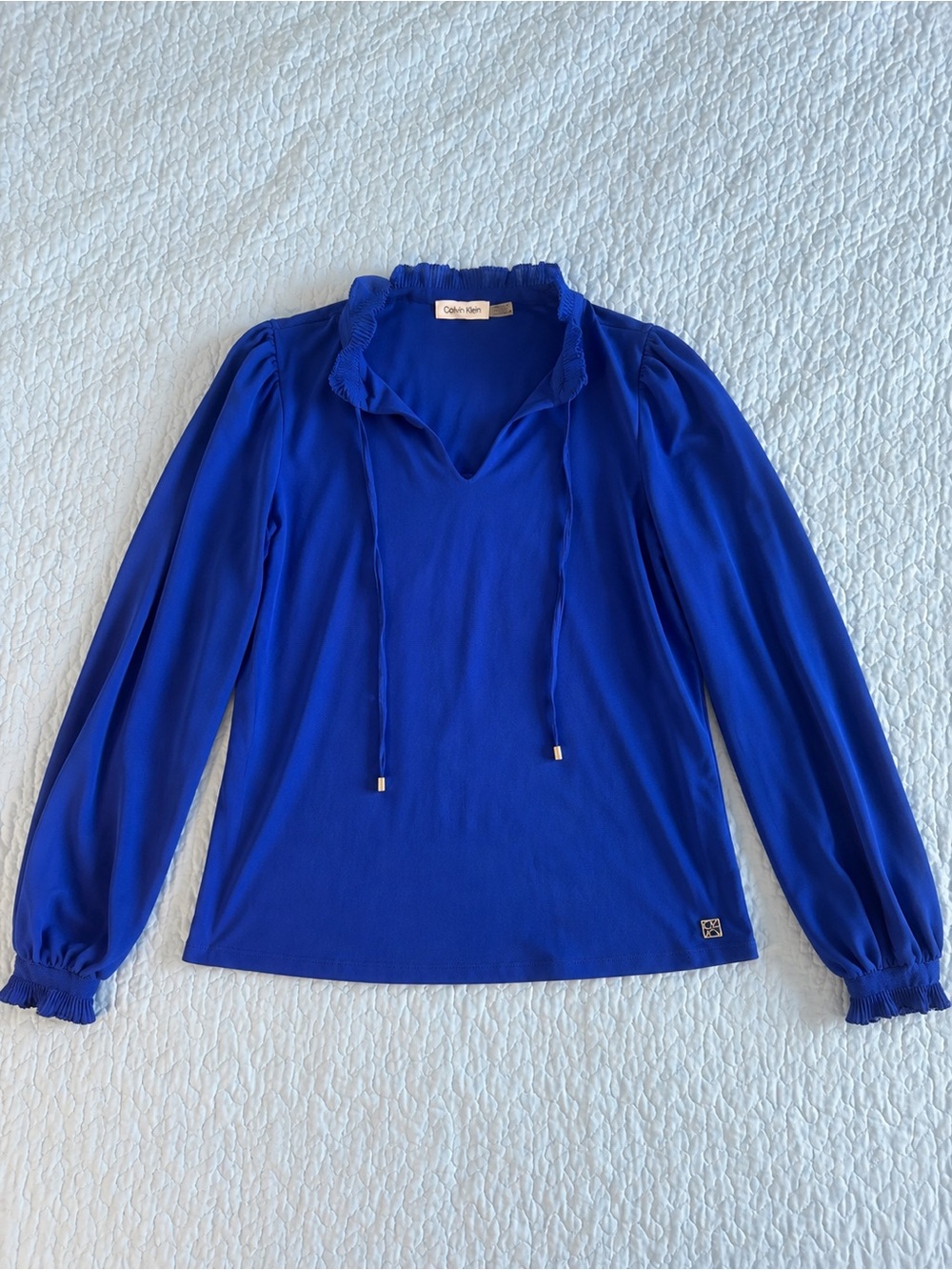 Calvin Klein Royal Blue Pleated NeckTie Blouse Small Sheet Sleeve Top